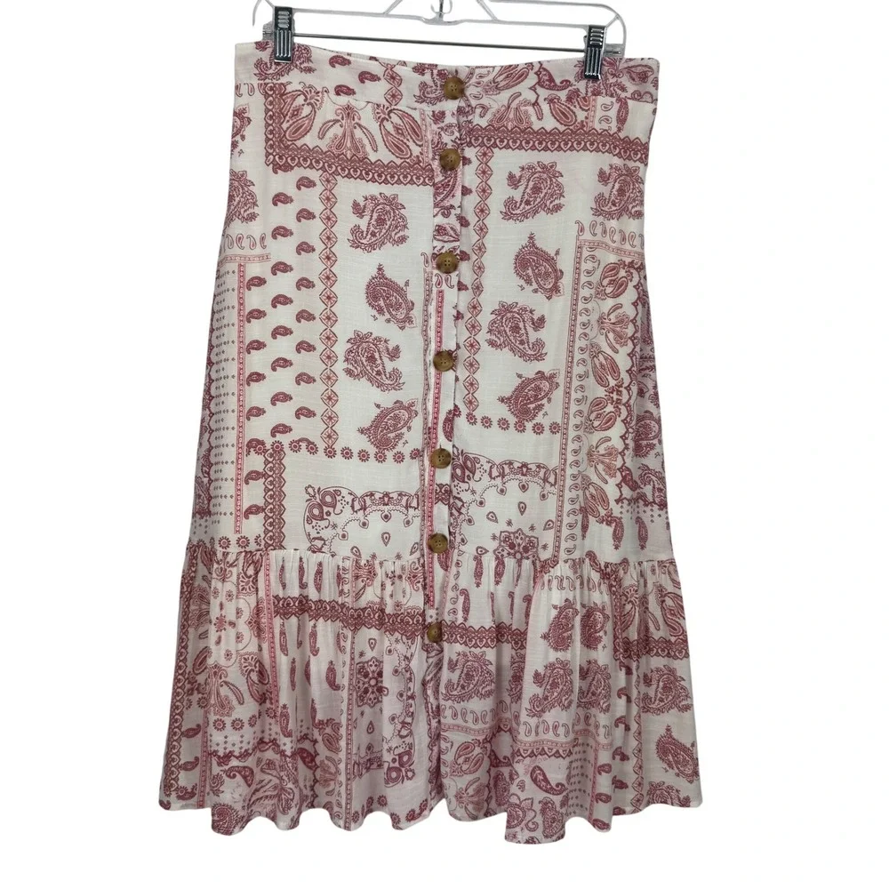 Mlle Gabrielle Red White Paisley Bandana Button Front Ruffle Midi Skirt Size L - Picture 1 of 12